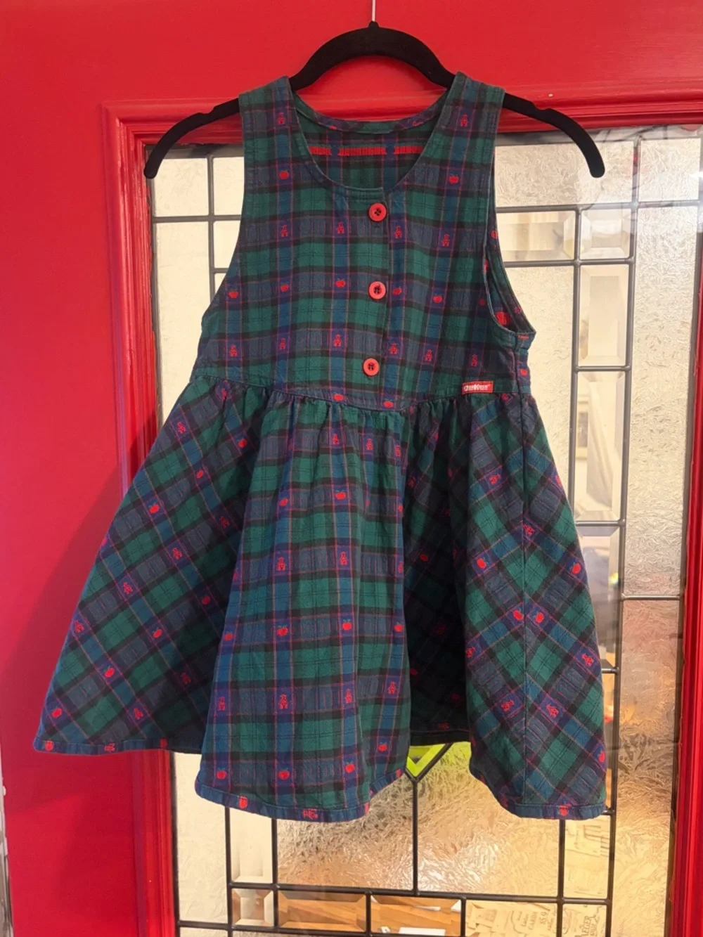 Vintage OshKosh Bgosh Green Plaid Sleeveless Girls Dress with Red Buttons - Picture 9 of 15